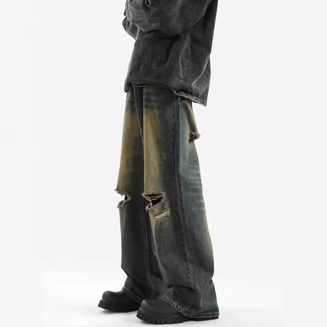 American wash pants high street ins retro ripped jeans men's summer straight leg loose brand high-grade pants Specification drawing