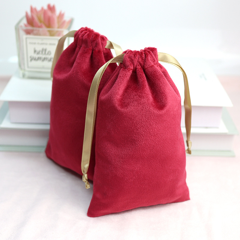 Red festive velvet drawstring bag, dust-proof packaging, velvet storage bag, New Year gift, drawstring bag with LOGO printing details Picture