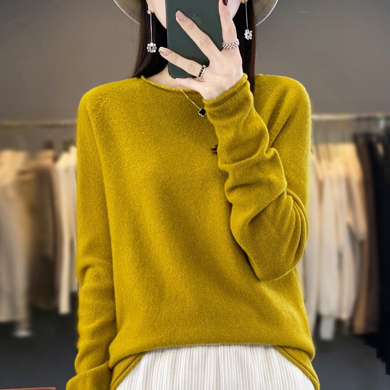 New Korean-style pure wool round-neck, rolled-up, long-sleeved, solid-color pullover and base wool sweater for women in autumn and winter 2023 Specification image