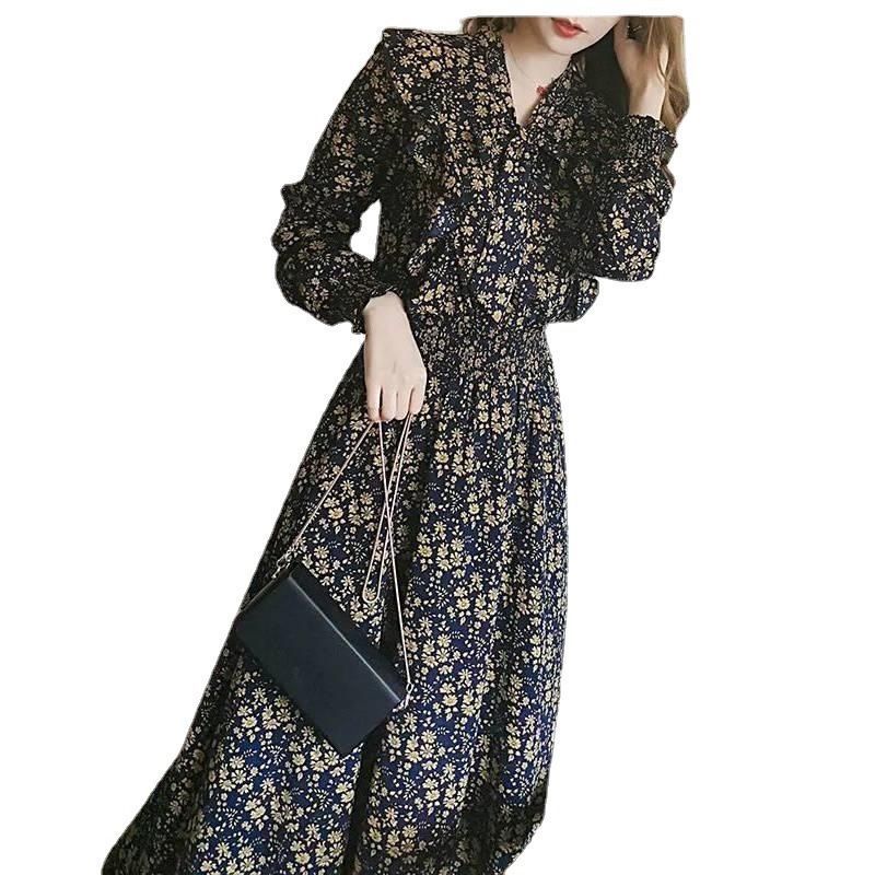 Chiffon floral print dress, slimming summer new women's long-sleeved base dress, French bow slimming long dress Item Picture
