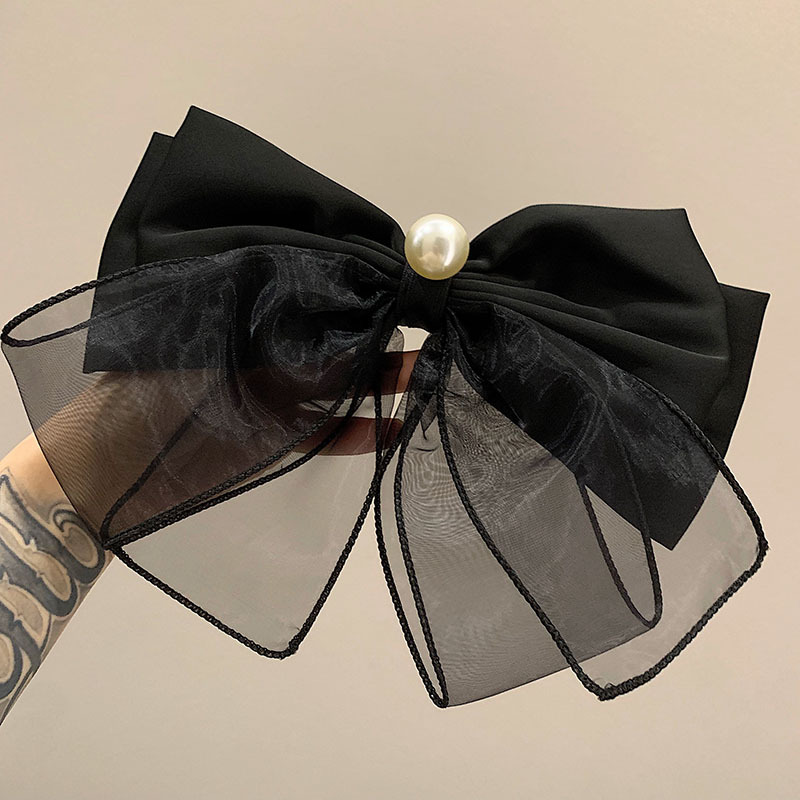 Korean Vintage French Vintage Organza Black Bow Hair Clip Pearl Top Clip Back Hair Accessories Woman details Picture