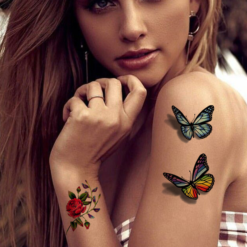 跨境专供 小花朵纹身贴女 3D彩色纹身贴纸玫瑰荷花蝴蝶花朵tattoo详情图3