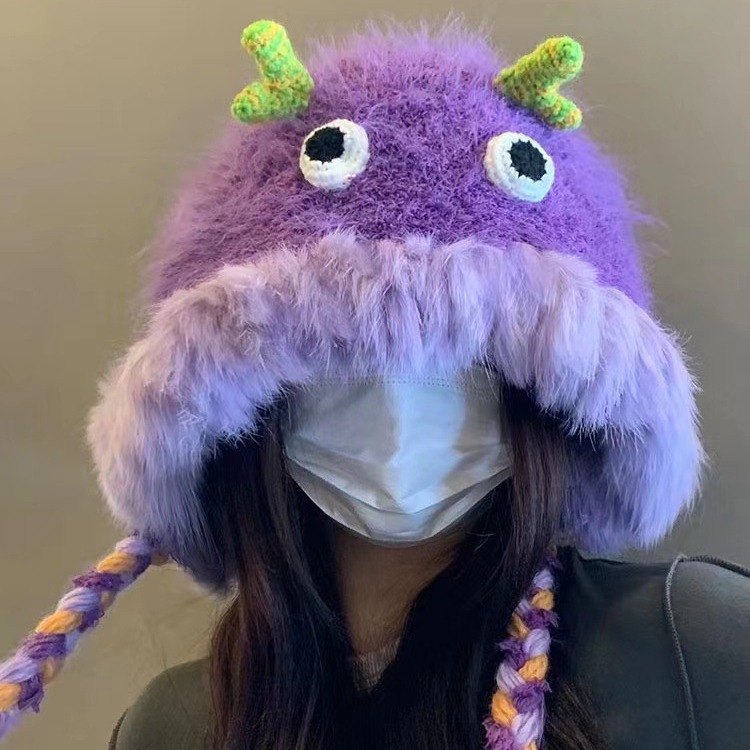 Little Monster Cartoon Furry Hat Warm Woolen Hat Baotou Hat Cute Sweet Travel Girl Heart Autumn Winter