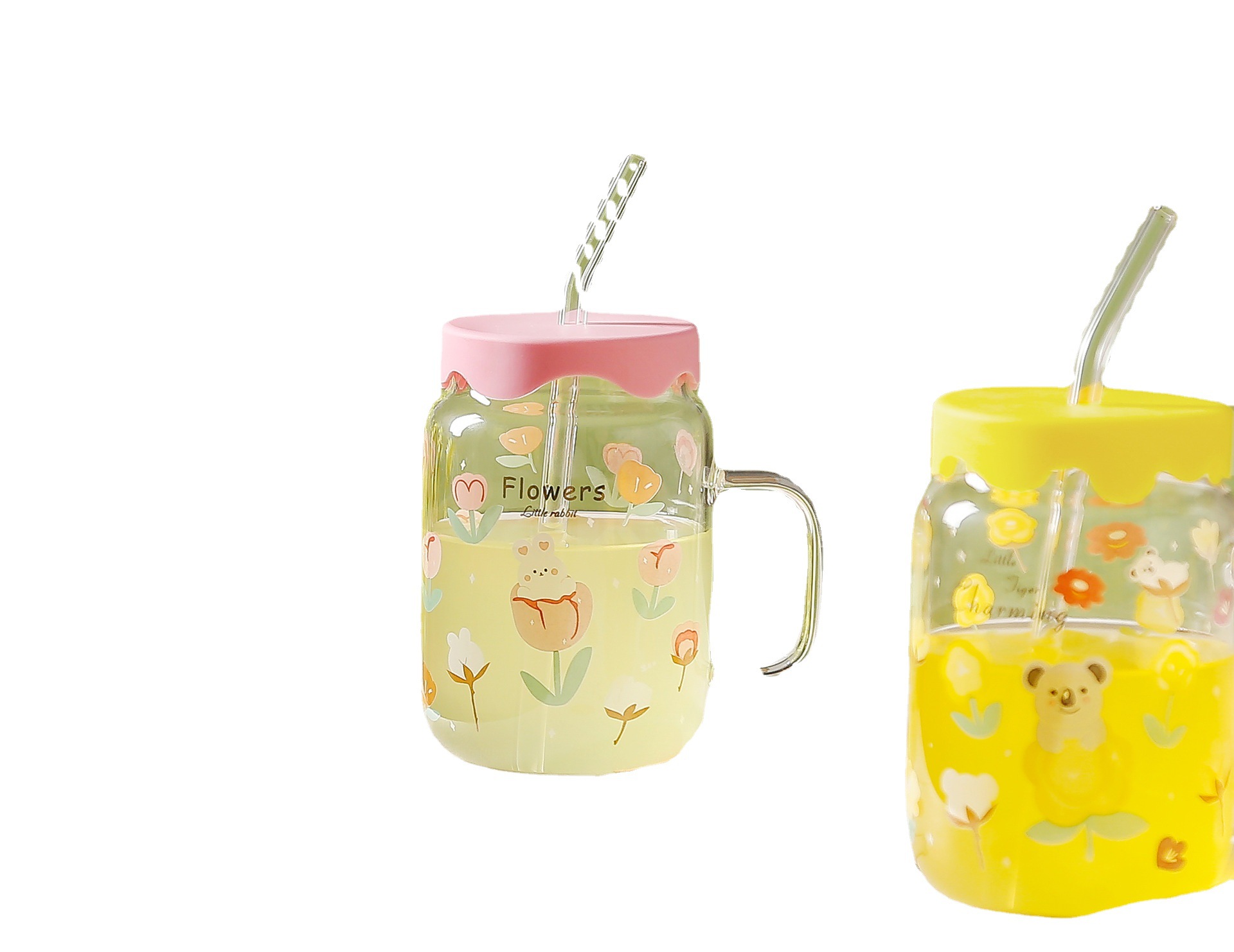 Cartoon water cup, high-temperature resistant, large-capacity cup, high appearance level, internet-famous glass cup, ins style, covered with a straw, water cup Item Picture
