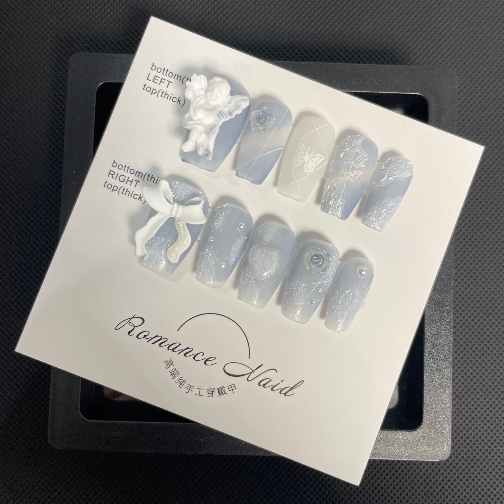 【 Pure Handcrafted Real Shot 】 Cold and misty misty blue gypsum angel rose handcrafted wearing armor false nail manicure