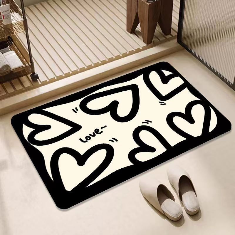Black and white simple diatom mud water-absorbing and quick-drying floor mat, anti-slip and dirt-resistant foot mat for home bathroom, kitchen and bathroom door Application Scenario
