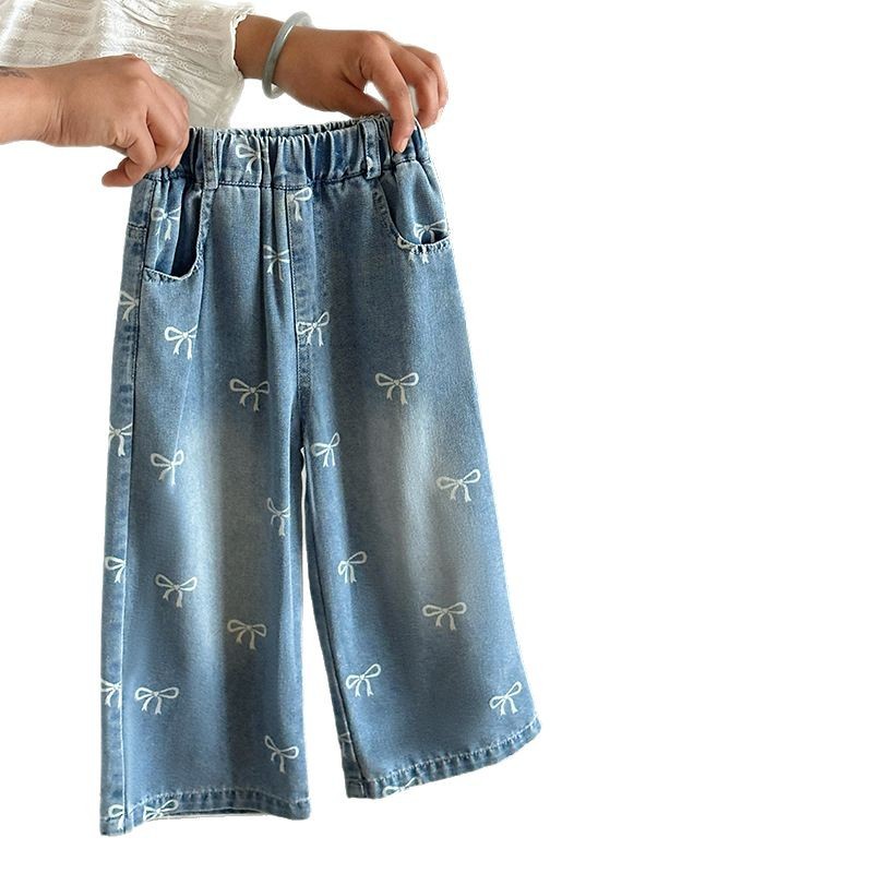 Girls' pants with bow print, wide-leg straight jeans, 2025 autumn new style, high-waisted loose for middle school girls Item Picture