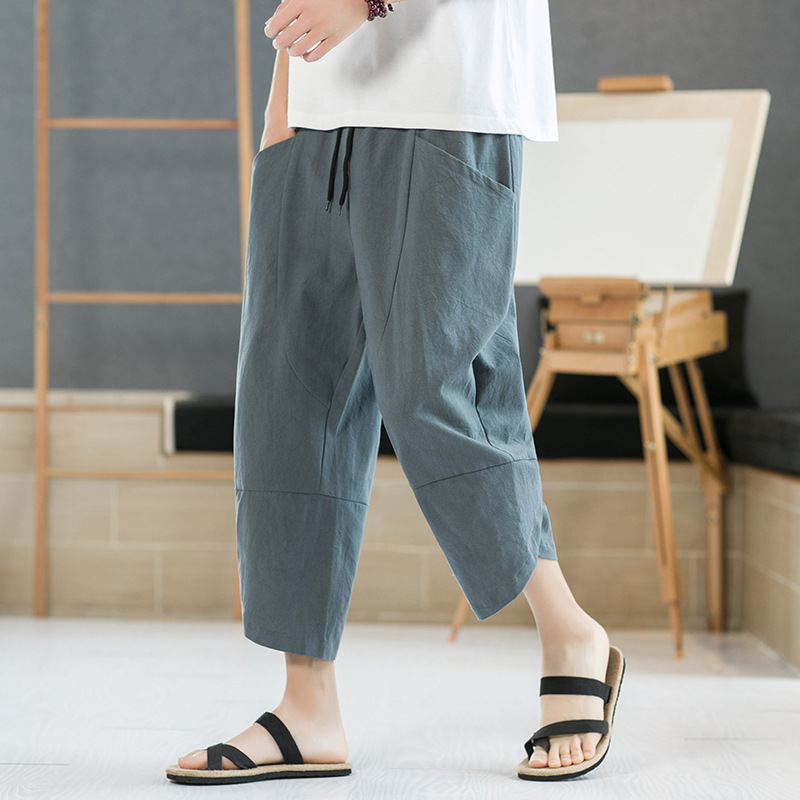 Aliexpress 2022 Summer New Style Chinese style simple solid color seven-inch wide-leg pants for men, beach pants, casual pants for men details Picture