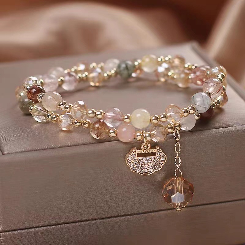 Natural color hair crystal bracelet, women's bracelet, national trend peace lock, multi-layer crystal bracelet, gift for girlfriend and best friend, jewelry details Picture
