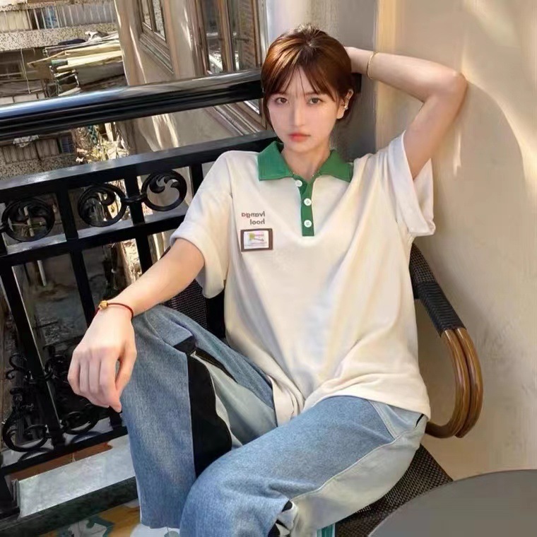 Straight-shoulder pure cotton short-sleeved T-shirt for women with POLO collar and half-sleeve design, a unique and loose Japanese retro style clothing for women on Instagram Specification image