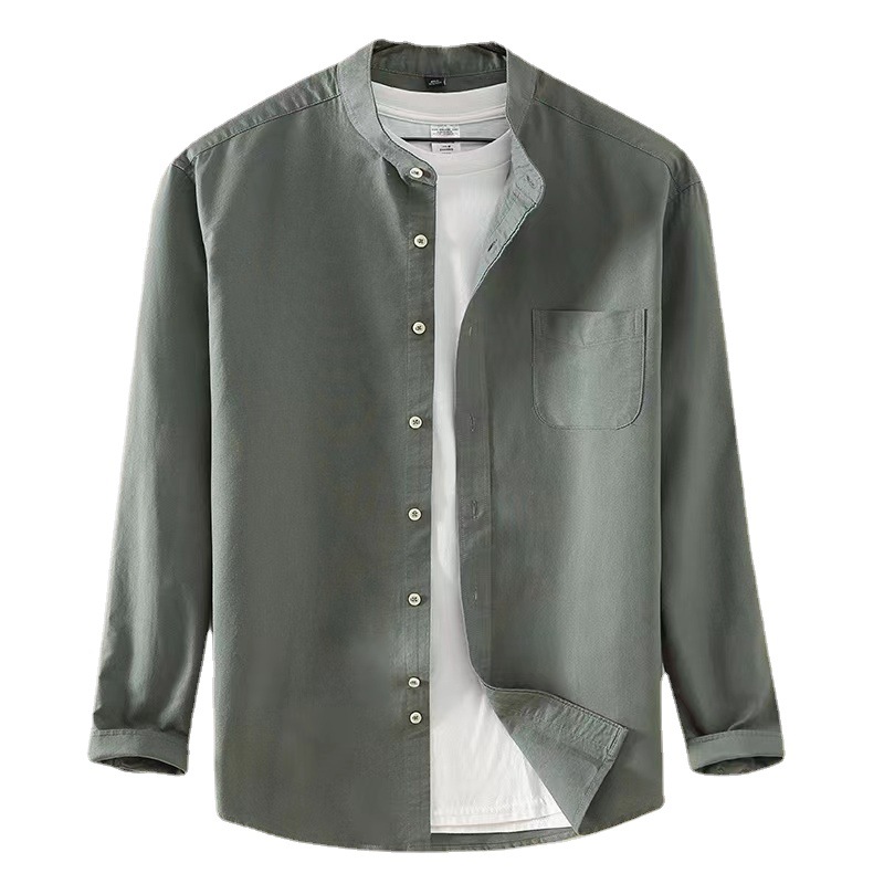 New pure cotton stand-up collar Oxford fabric long-sleeved shirt for men, spring and autumn casual solid-color all-cotton no-iron shirt for men Item Picture