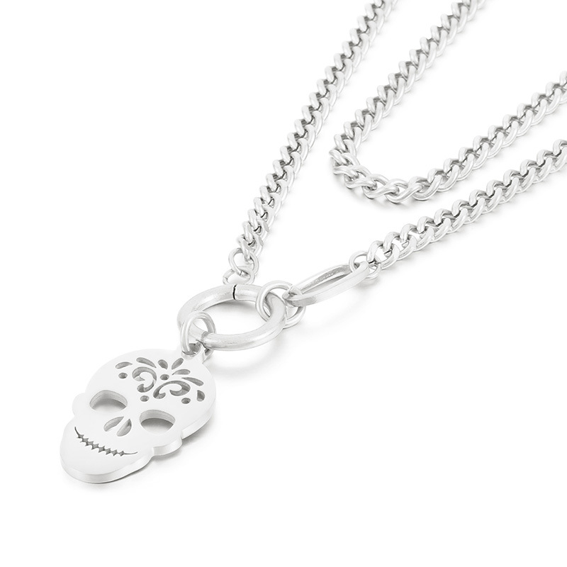 Halloween Accessories Stainless Steel Necklace Men's Stack With Double Ground Cuban Chain Titanium Steel Skull Necklace Item Picture
