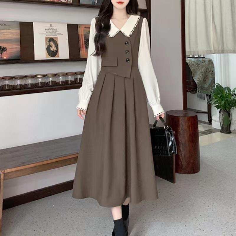 Francés vintage patchwork falso dos piezas vestido mujer manga larga cuello muñeca alto sentido de diseño otoño invierno temperamento vestido largo