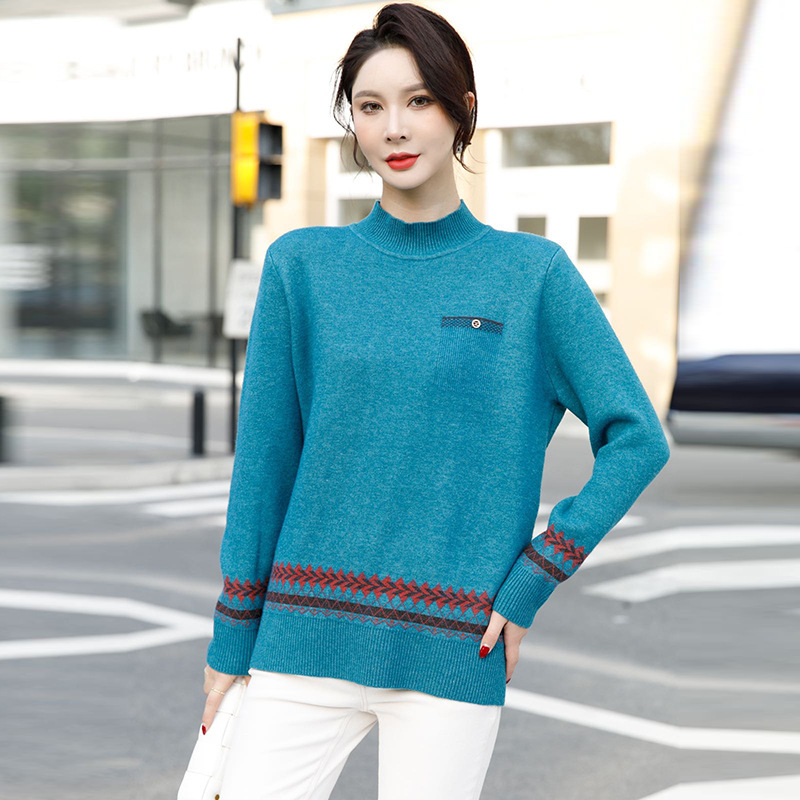 2021 Winter new semi-high neck round neck stylish mom's knitted sweater, thickened one-piece fleece sweater for middle-aged and elderly people Application Scenario