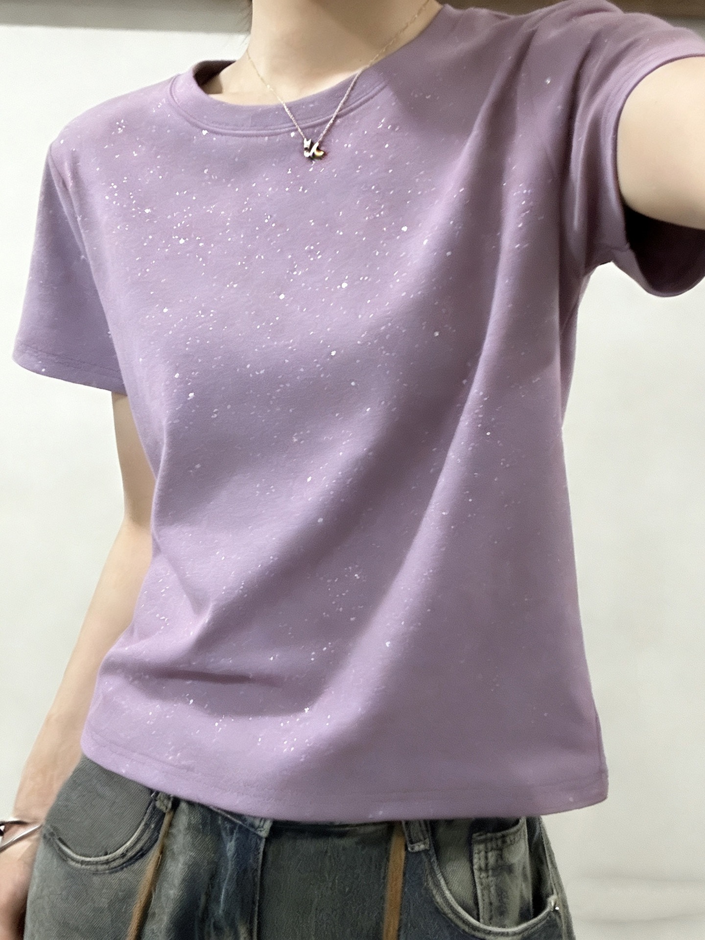 正肩香芋紫满天星短袖t恤女韩版百搭夏季新款圆领显瘦亮闪闪上衣