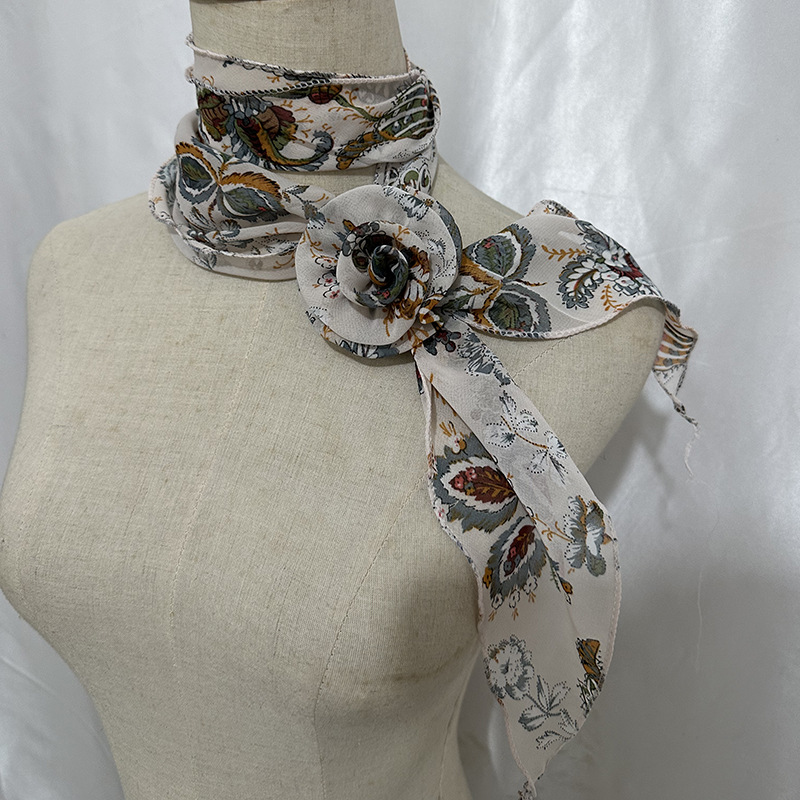 New Long Silk Scarf Rose Classic Leopard Print Color Lace-Up With Buckle Collar Flower Decoration Literary Style Wear Blogger Scarf details Picture
