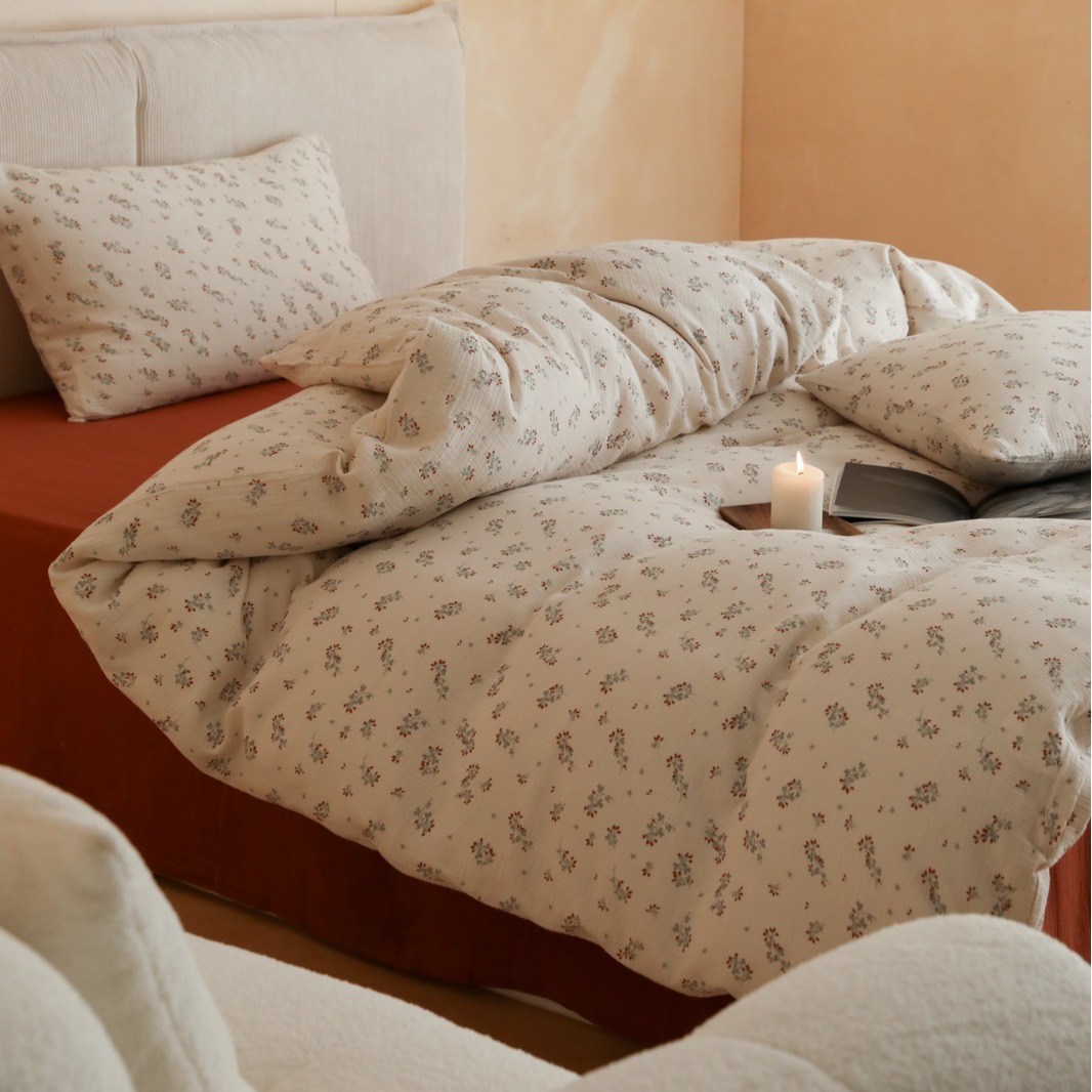French retro small floral print 60-count double-layer crepe gauze four-piece set, Japanese country style nude sleeping breathable kit