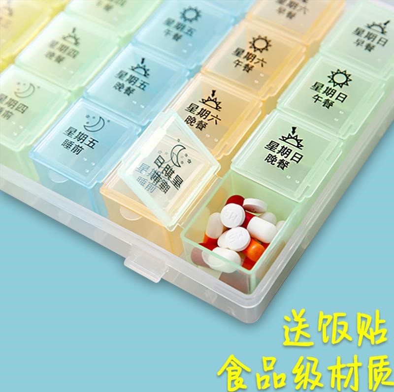 The medicine box is a large-capacity dispensing device for seven days a week, including morning, noon and evening. It is a portable storage box for the week to remind you of the pills details Picture