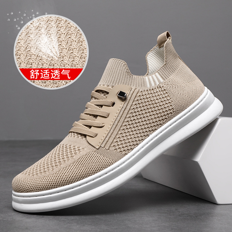 Men's Mesh Shoes Summer Breathable Casual Shoes A Slip-On Soft Bottom Flat Running Shoes Flying Woven Surface Trend Board Shoes