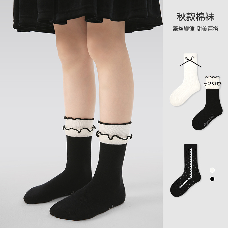Wholesale children's socks 2025 Autumn/Winter new black and white bow mid-calf girls' socks with cotton and black fungus edges and boneless children's socks details Picture