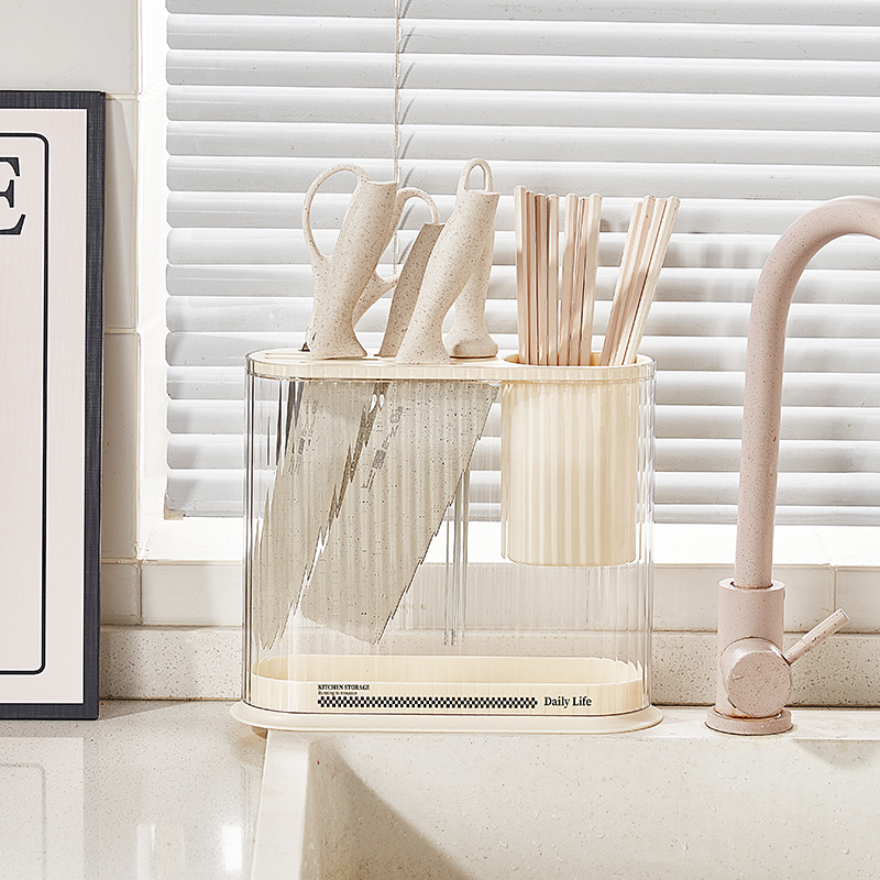 Kitchen Storage Cream Wind High Appearance Horizontal Knife Holder Cutting Board One Stand Pot Lid Rack Knife Fork Chopsticks Cage Knife Storage Rack Application Scenario