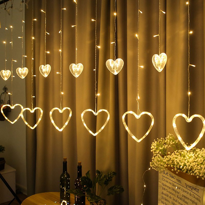 12 double-heart-shaped led curtain light strings are hung for Valentine's Day venue decoration, featuring star and moon festival lights and outdoor colored lights