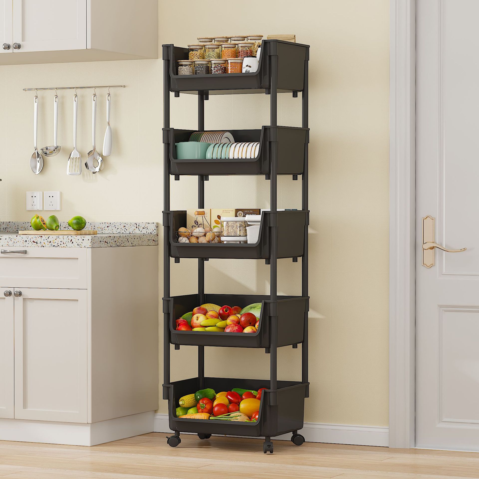 New cross-border best-selling small trolley storage rack, multi-layer large-capacity kitchen and bedroom storage rack, plastic wheeled mobile Application Scenario