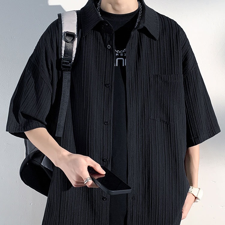 冰丝衬衫短袖男士夏季薄款纯色休闲潮牌痞帅五分衬衣服夏天外套