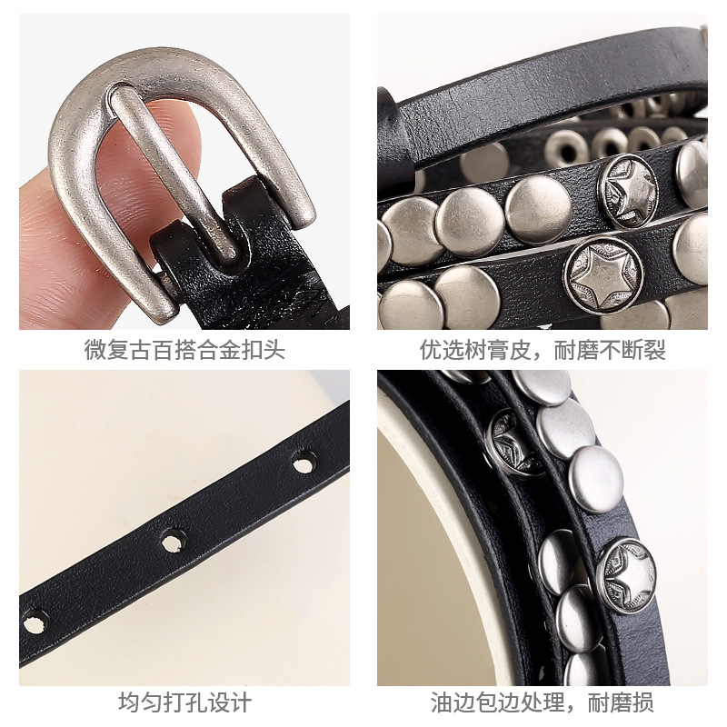 The 2024 new cross-border bestseller genuine leather belt for women with willows studs, punk retro, versatile and slimming slim waist belt is in factory stock Specification image