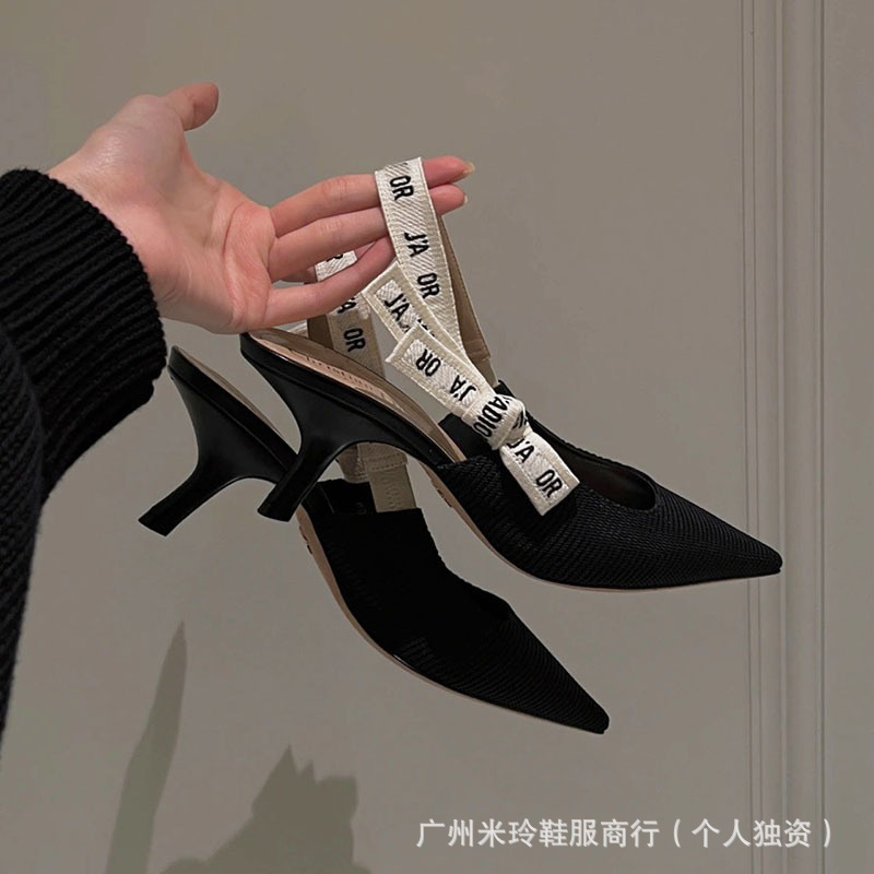 D家蝴蝶结高跟鞋凉鞋女2024年新款舒适字母猫跟针织高跟包头凉鞋L