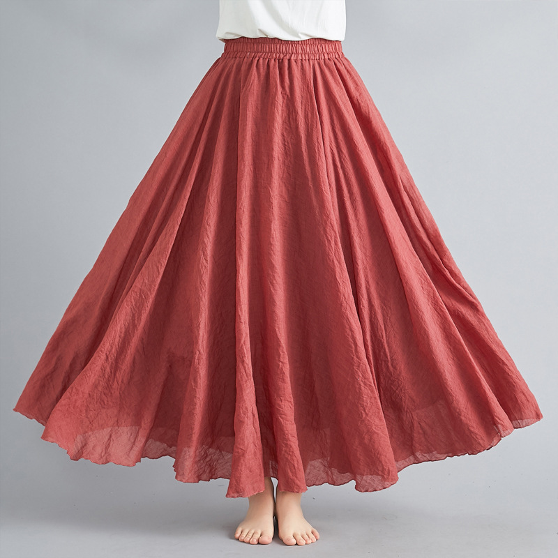 Mori Female Art Large Size Cotton Hemp Skirt Elastic Waist A Line Skirt Long Solid Color National Wind Swing Skirt 24 Colors details Picture