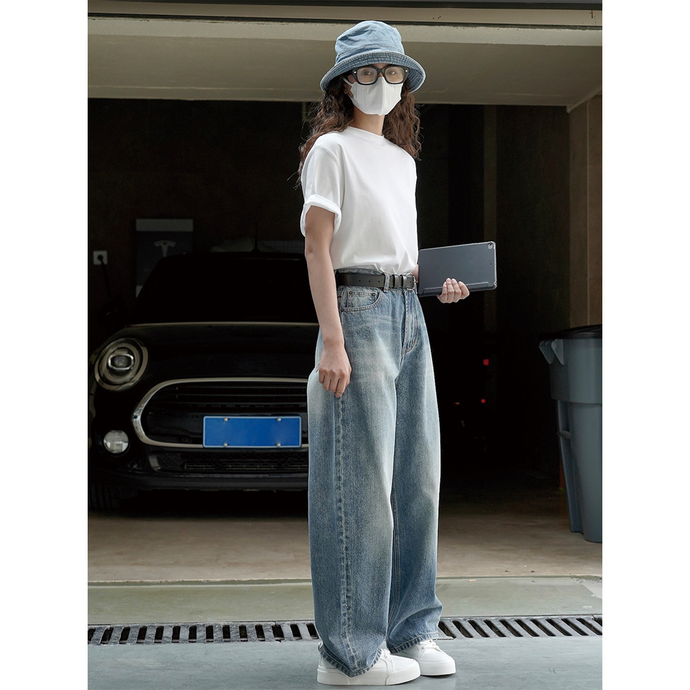 Lu Fu Spring And Summer New Korean Version Of Retro Fashion Daddy Wide Leg Jeans Loose Thin Light Blue Casual Pants Women Specification drawing