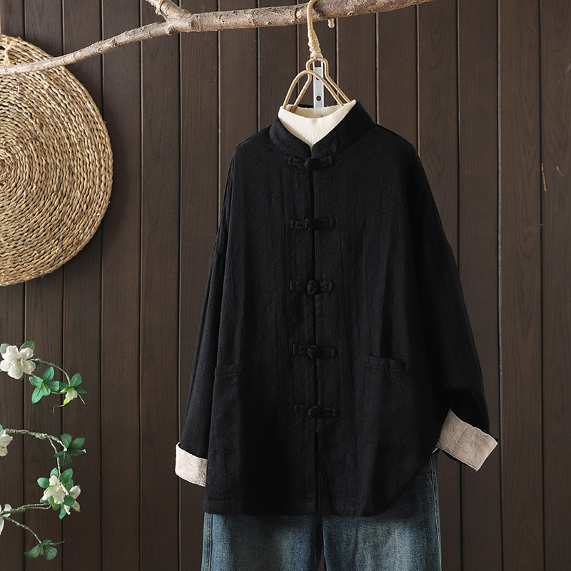 A Chinese-style cotton and linen button-up top for women, featuring a retro and artistic Chinese style with a front-opening, button-up, stand-up collar and long-sleeved cotton and linen shirt coat Specification image