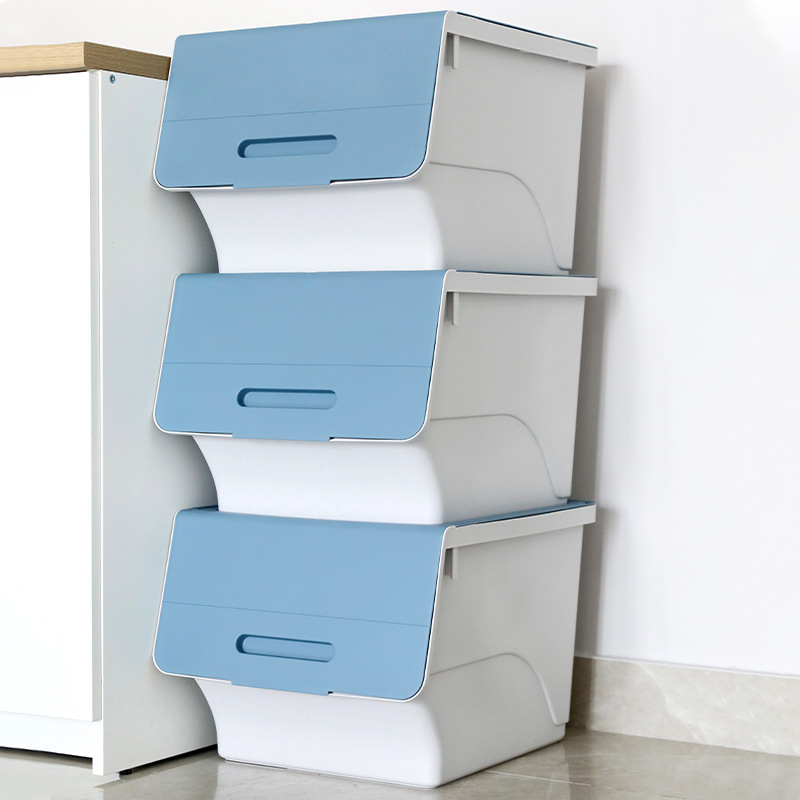 The manufacturer wholesals front-opening storage boxes for children, toys, snacks, thickened and stackable flip covers, and household clothes storage boxes