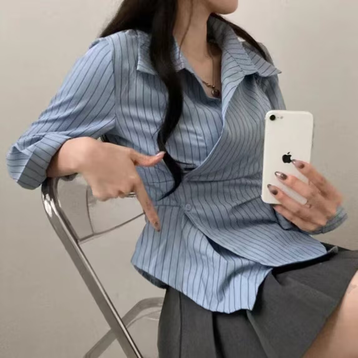 2025春秋新韩版设计感小众不规则收腰显瘦时髦条纹衬衫长袖上衣女详情1
