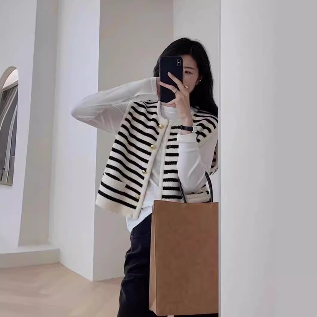 黑白小香风条纹无袖针织马甲外套女春秋开衫外穿毛衣马夹背心上衣