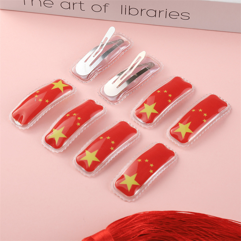 National Day Red Flag Heart-shaped spring hair clip, Five-pointed star National flag headband, ground push scanning code small gift, National Day hair accessory Specification image