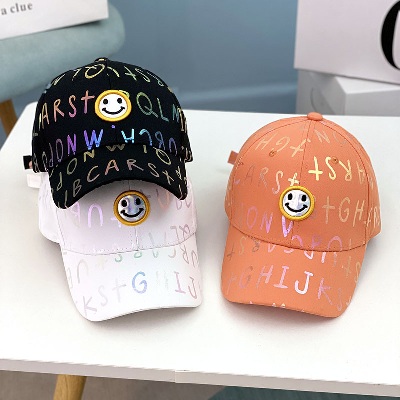 Boys' baseball cap Spring/Summer Korean style street fashion, girls' smiling face letter baseball cap, children's travel sunshade cap