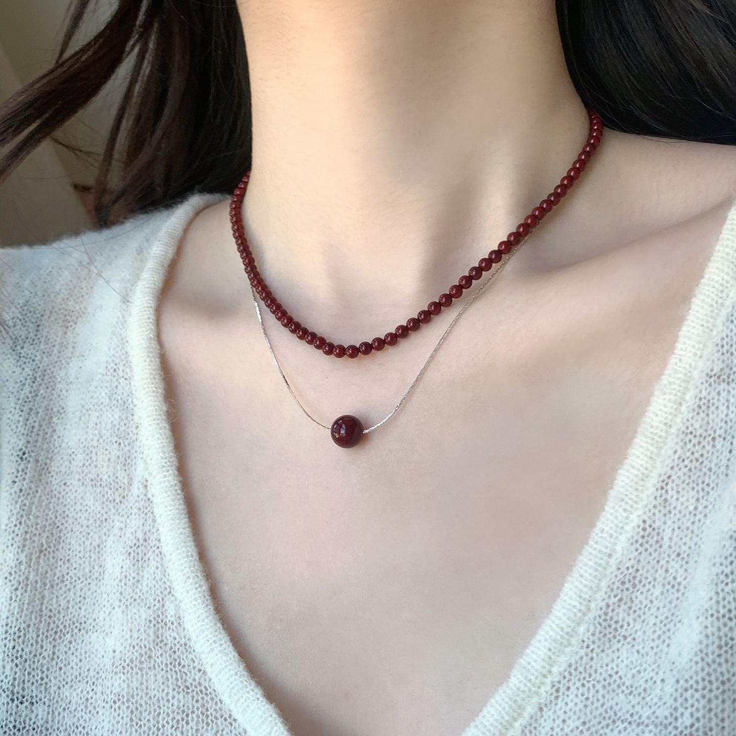 New Chinese-style Ankela red beaded necklace, natural agate beaded light luxury high-end autumn and winter versatile earrings and earrings pic 3