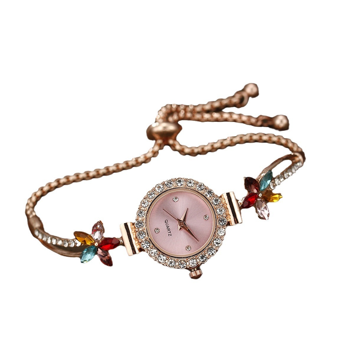 2024TEMU nueva moda pequeña fresca redonda con diamantes flores cadena mujeres cuarzo pulsera reloj conjunto de joyería Item Picture