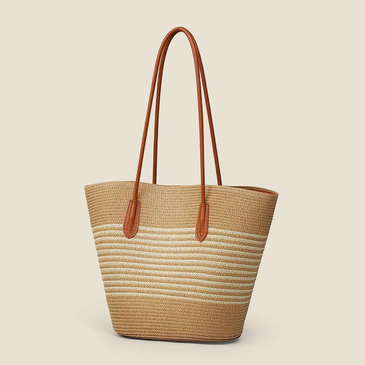 升级皮底新款高品质条纹单肩大容量草编包百搭编织包度假托特包潮