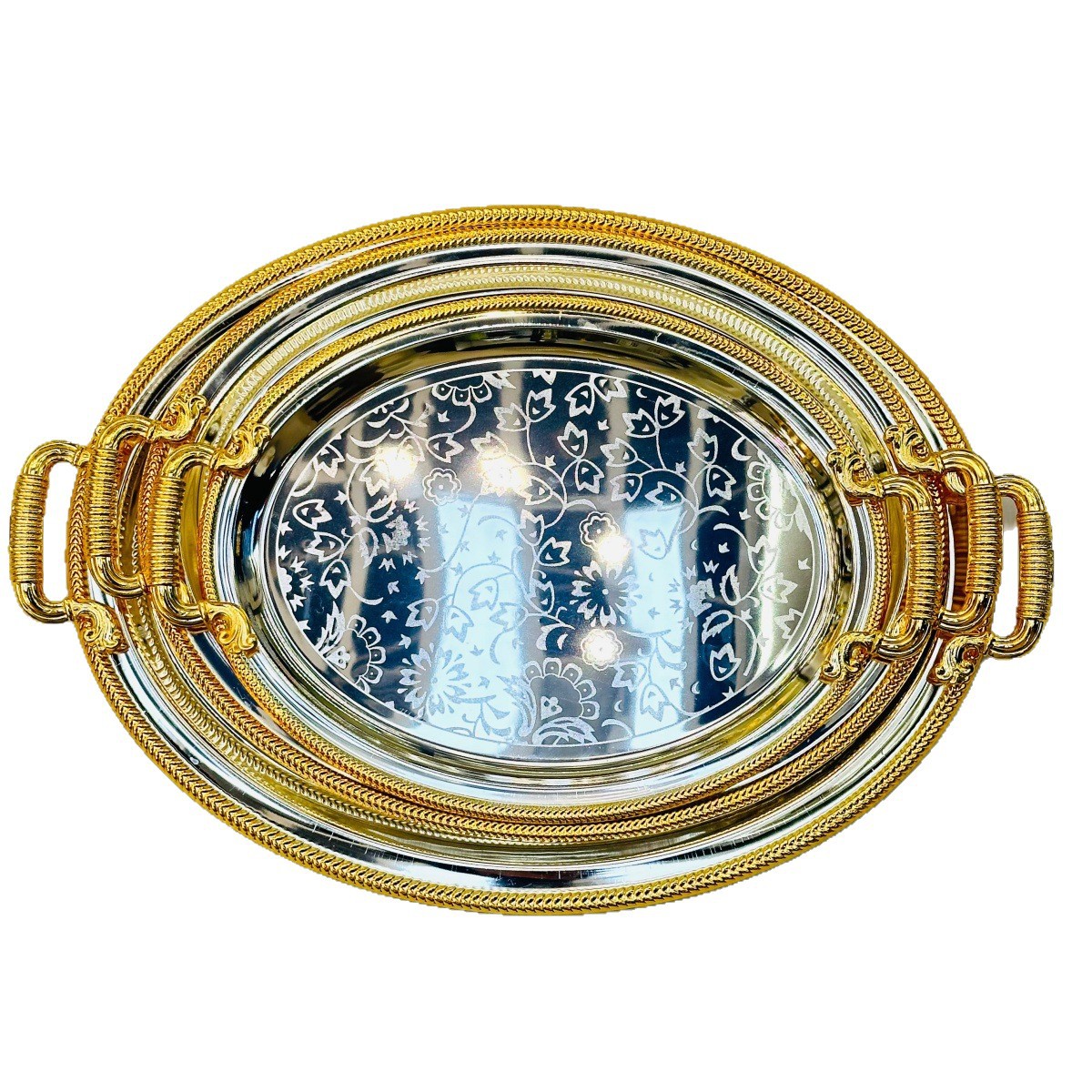 Light luxury oval-shaped silver gold-edge tray, fashionable storage dessert plate decoration, high-end Middle Eastern household dried fruit tray Item Picture