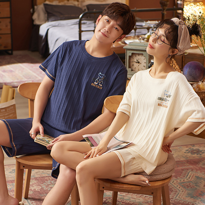 Summer couple pajamas, women's summer pure cotton summer short sleeves and shorts, men's cartoon new home wear set, women's Muji