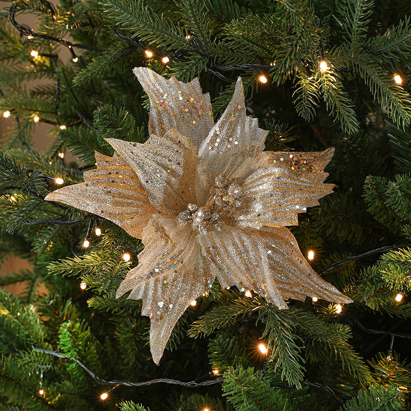 Christmas flower decorations, gold, red sequins, glitter, handcrafted phoenix-tail simulated Christmas flower Christmas tree accessories, export bulk goods Specification image