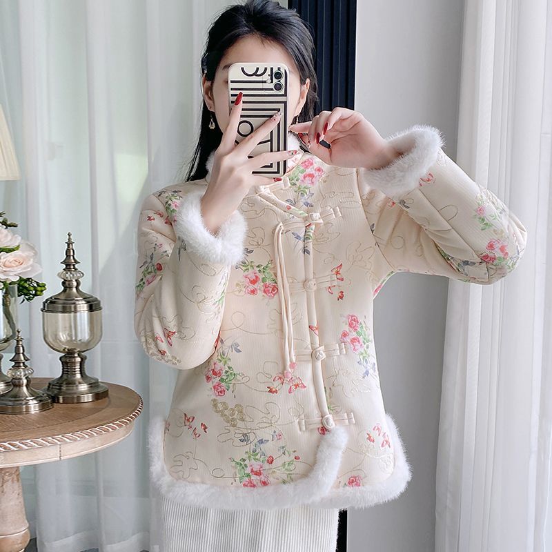 国潮冬季新款加绒加厚花棉袄女复古民族风盘扣棉衣东北碎花袄棉服外套