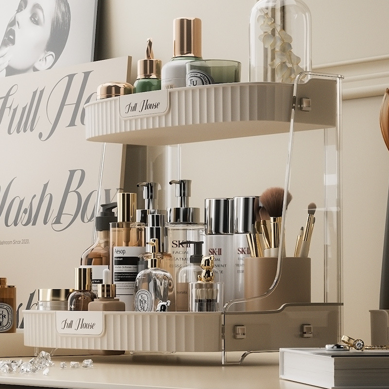 Light luxury ins style cosmetics storage shelf Vanity mask storage shelf Bathroom dustproof desktop storage box 01237-8001 Specification drawing