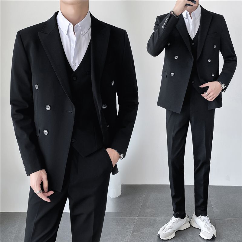 Light mature style Instagram Korean-style slimming men's casual double-breasted solid color suit set SJT830A