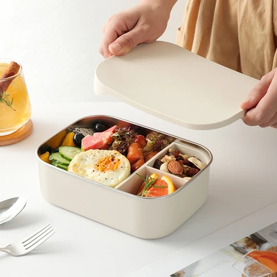 Student high appearance level home bento box Microwave lunch box 304 stainless steel fresh-keeping box silicone cover lunch box for work thumbnail