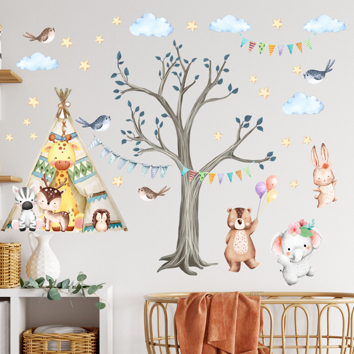 跨境卡通大树墙贴儿童房装饰贴画狐狸pvc森林动物背景墙自粘批发详情图3