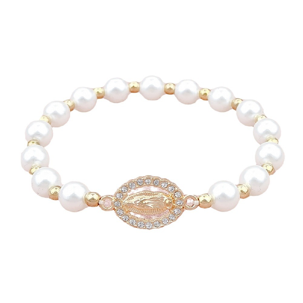 Foreign Trade Hot Cross-Border Amazon Europe And The United States New Diamond Blessed Virgin Mary Bracelet Women's Imitation Pearl Elastic Bracelet Couple Gift String Manufacturers Wholesale Item Picture